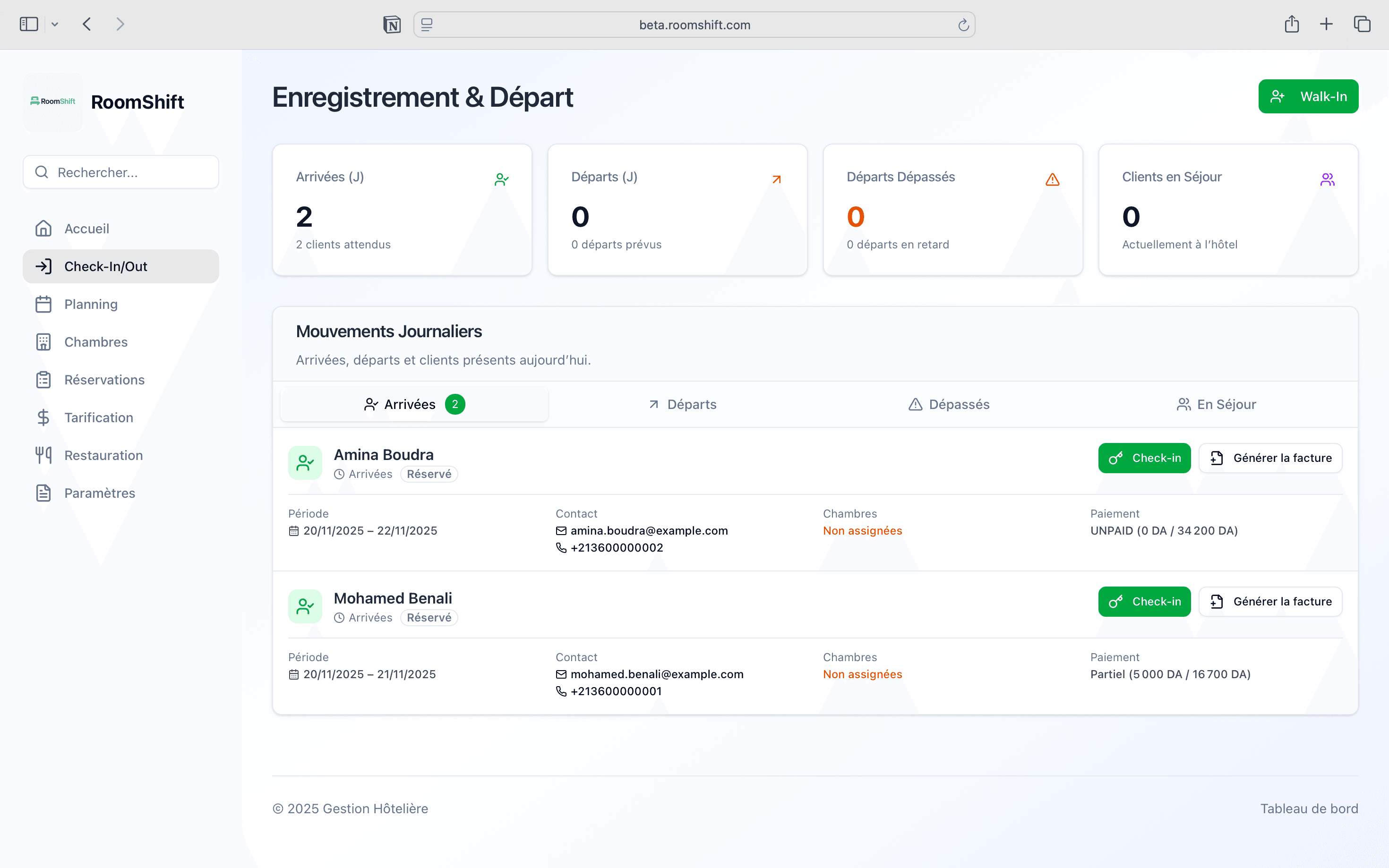 Arrivées et départs du jour
