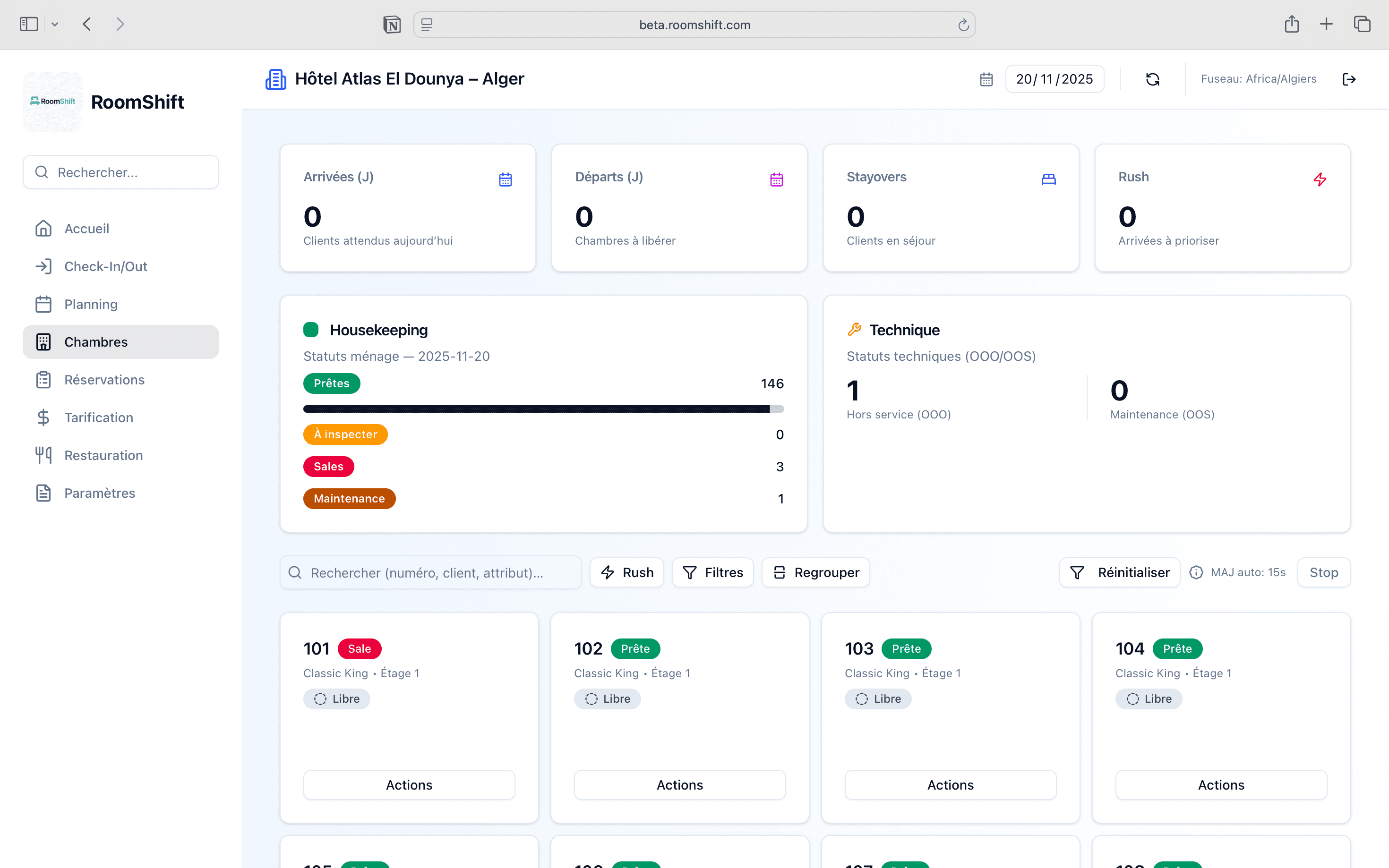 Tableau des statuts de chambres
