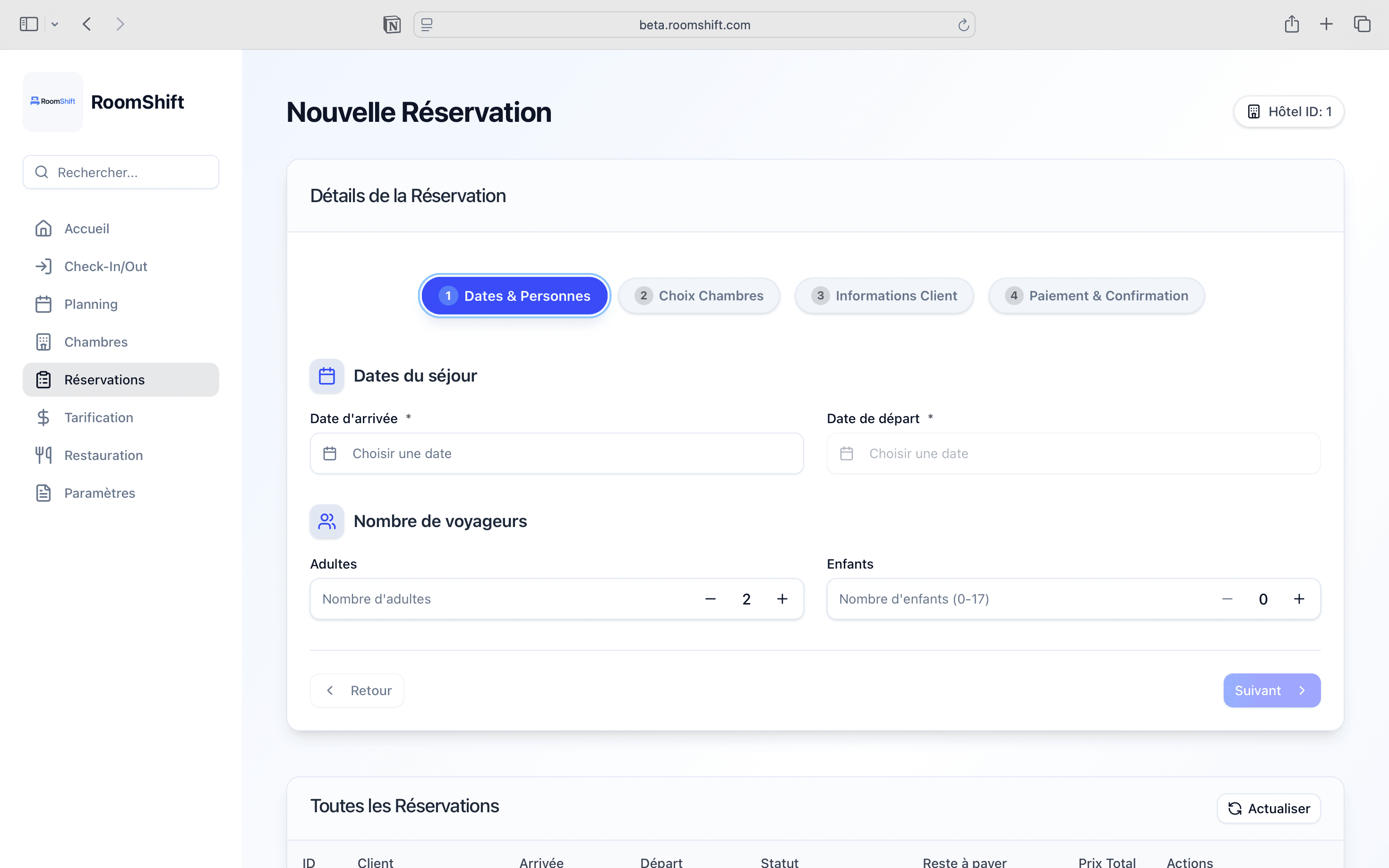 Écran de création de réservation