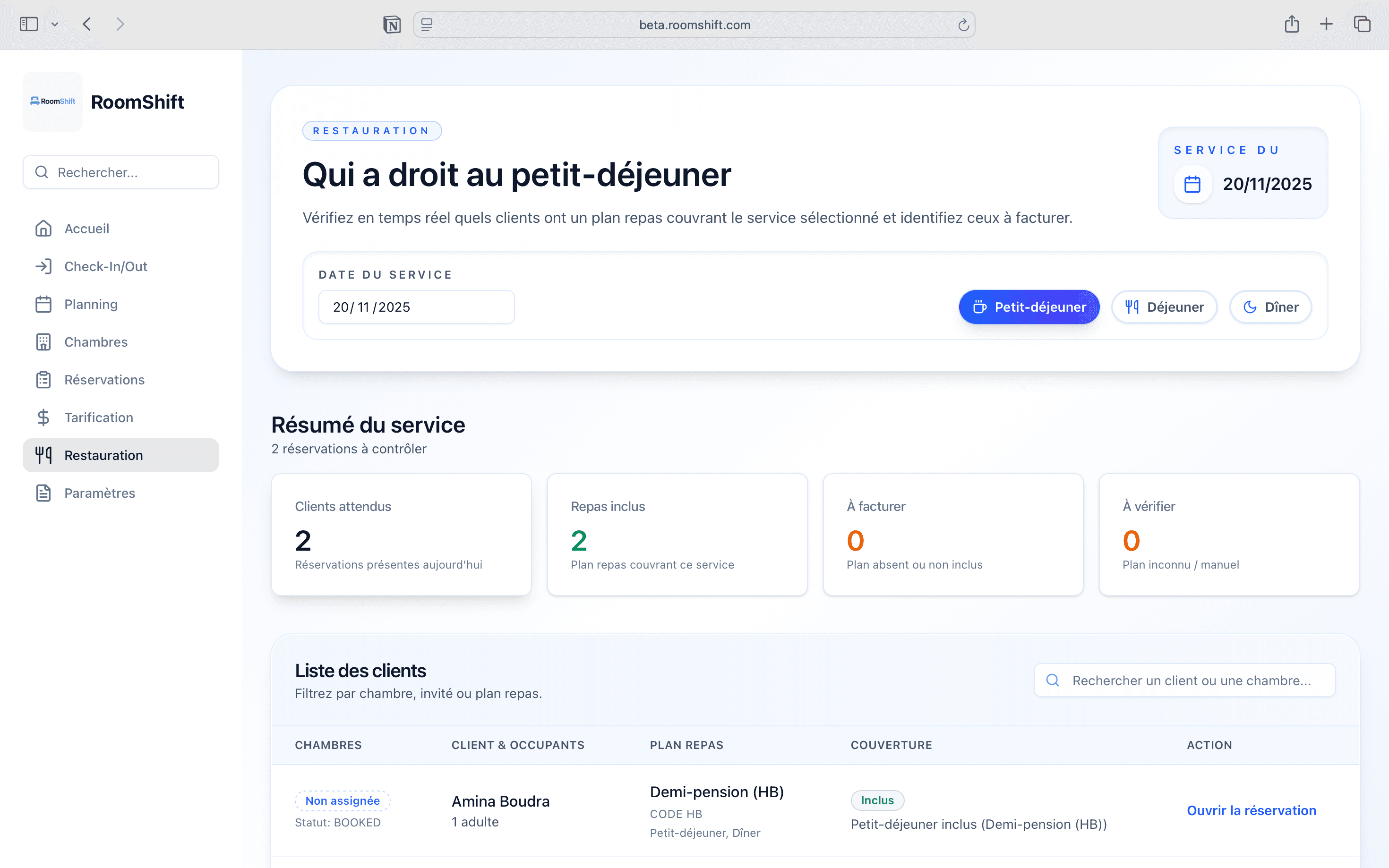 Vue plans de repas et restauration
