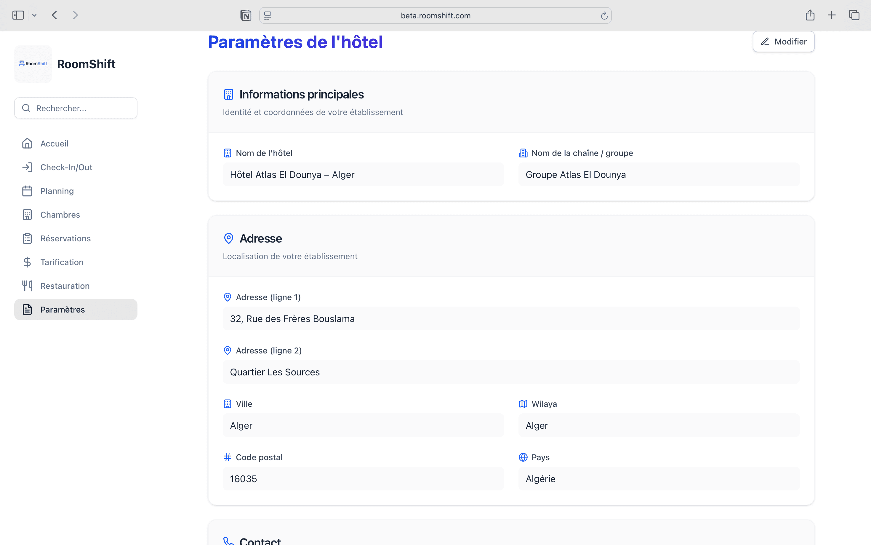 Paramètres de l'hôtel et chaîne